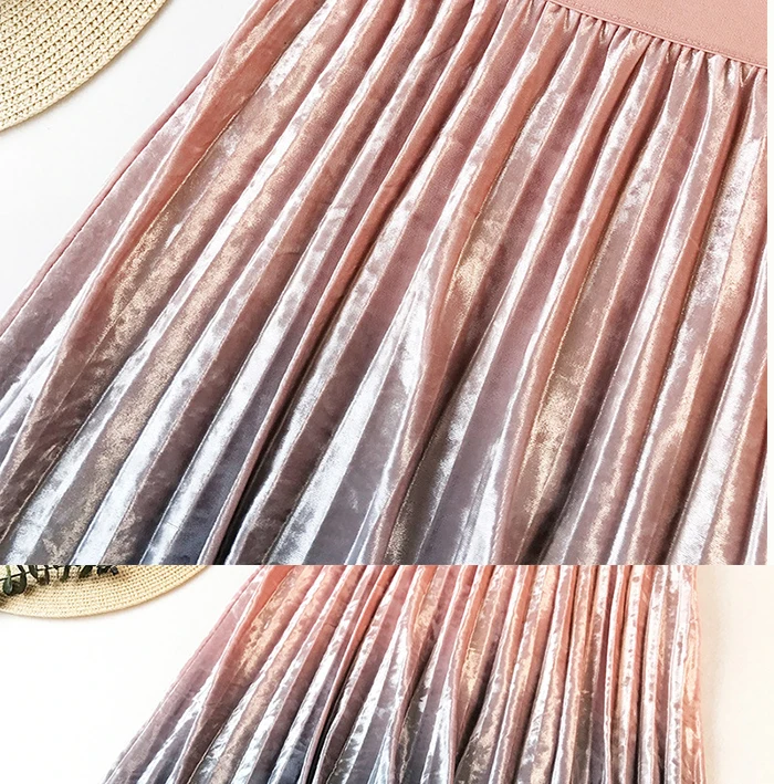SURMIITRO Warm Velvet Midi Skirt Women Autumn Winter Korean Pink Gradient Ladies High Waist Pleated Long Skirt Female