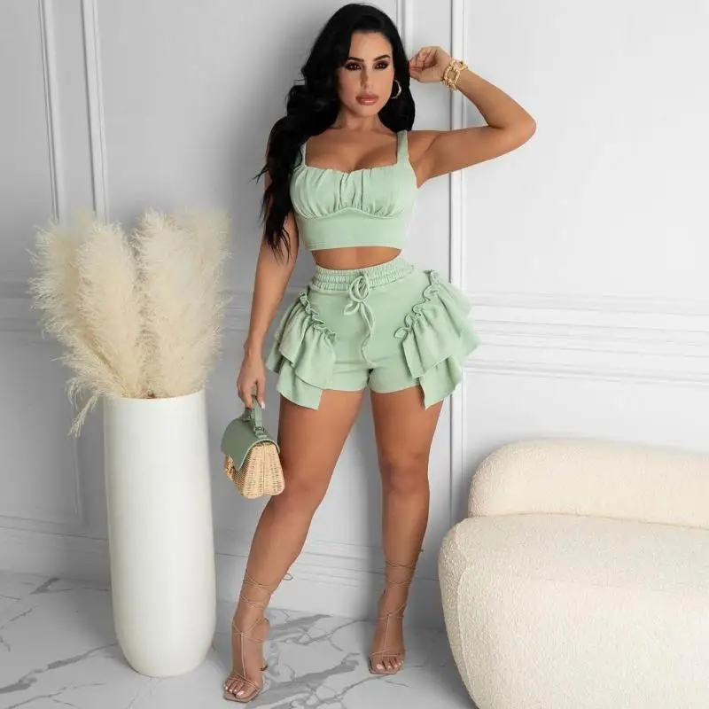 

2021 Summer Sleeveless Solid Short Crop and Sexy Ruffles Shorts Women's Two-Piece Suit Club Vacation Comfortable Fashion Outfits