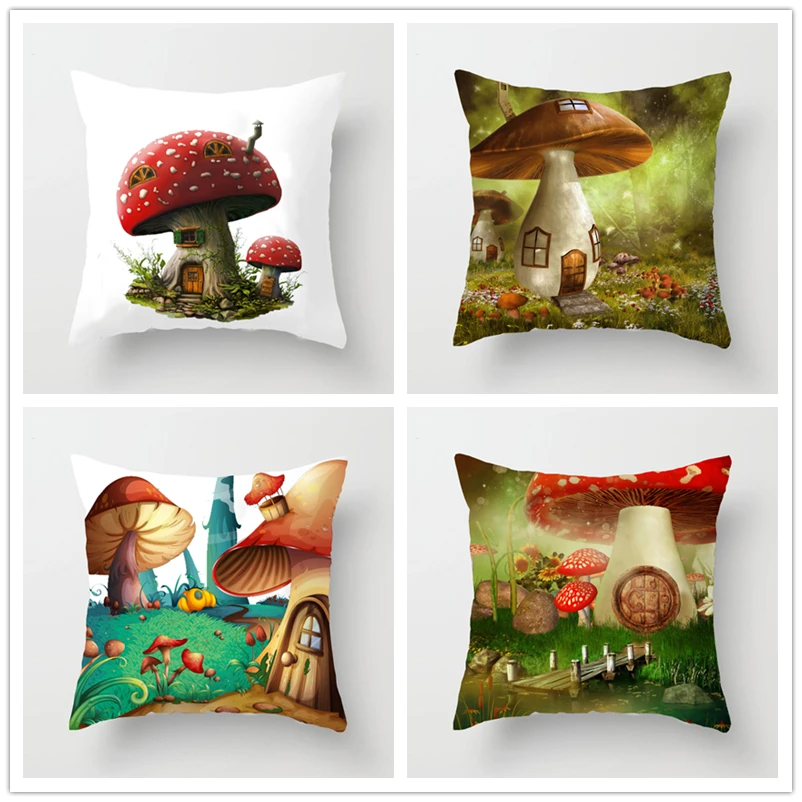 

Personalized Fun Pillowcase Cartoon Mushroom House Cushion Cover Home Decoration Sofa 45*45Cm Polyester Pillow