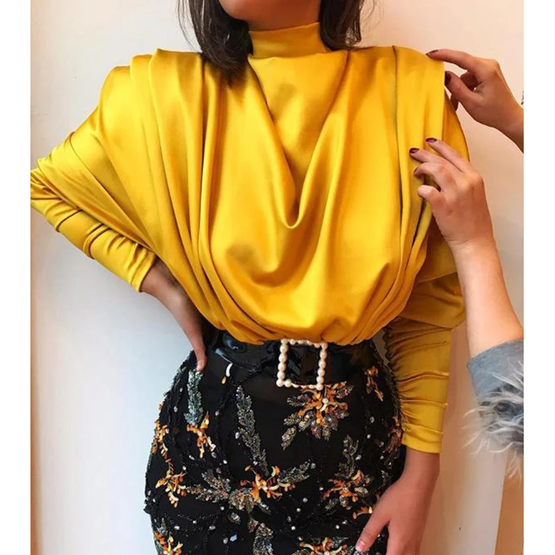 Водолазка с длинным рукавом атласная блузка рубашка для женщин рюшами