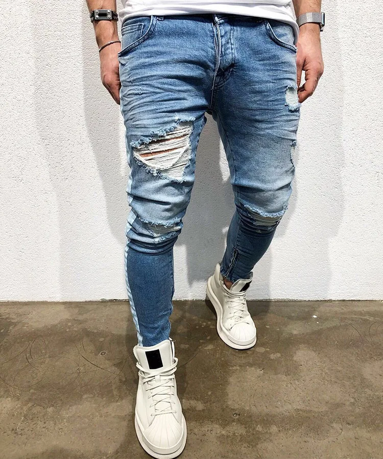 Джинсы мужские рваные в полоску облегающие брюки джоггеры из потертого денима