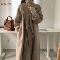 wjjdfc women elegant long wool coat with belt solid color long sleeve chic outerwear ladies drop shoulder overcoat 2021 parkas