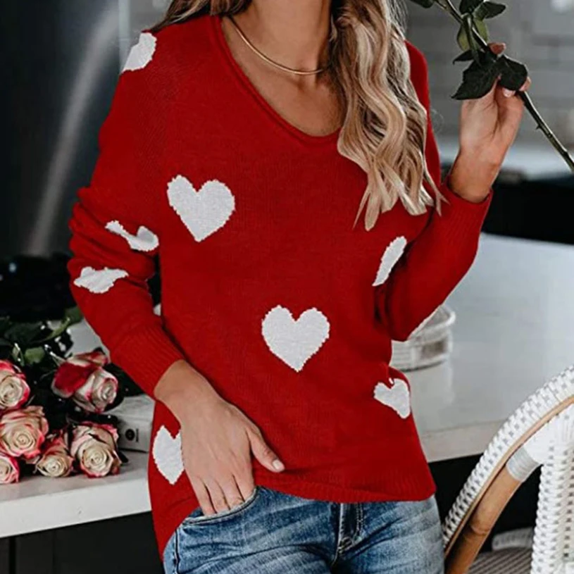 Heart Shape Women Knitted Sweaters V Neck Korean Style Jumper Pullover Long Sleeve Outwear Soft Warm Spring Clothing New | Женская