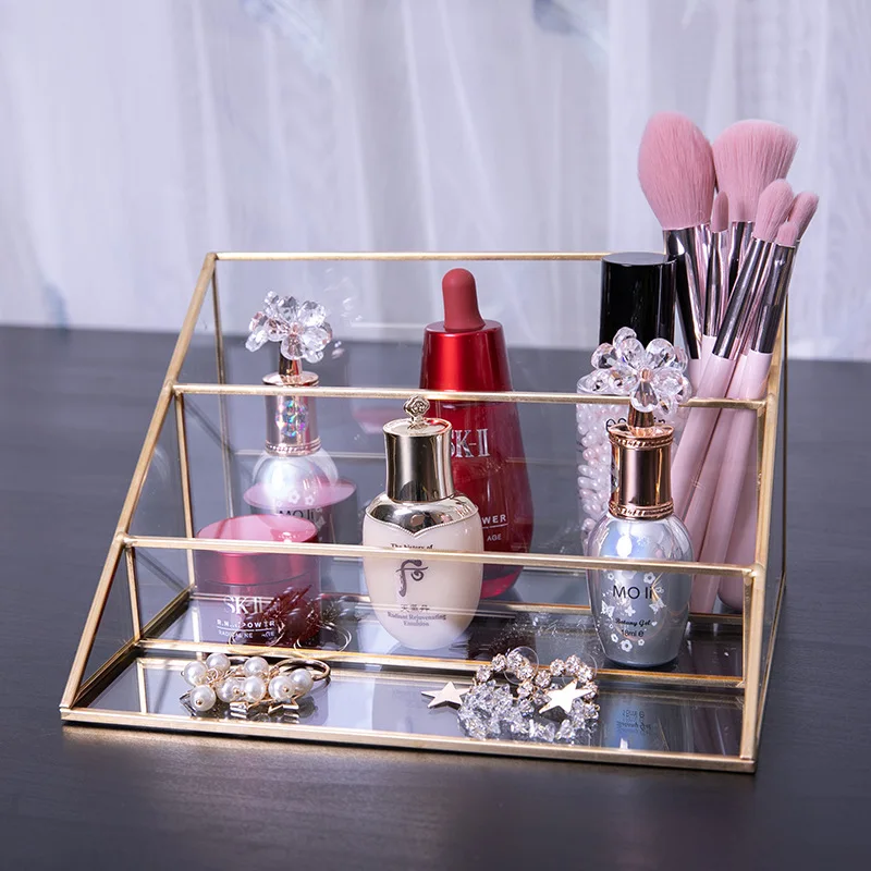 

Nordic Retro Light Luxury Copper Strip Glass Three-layer Jewelry Rack Cosmetic Rack Desktop Storage Display Rack LB70806