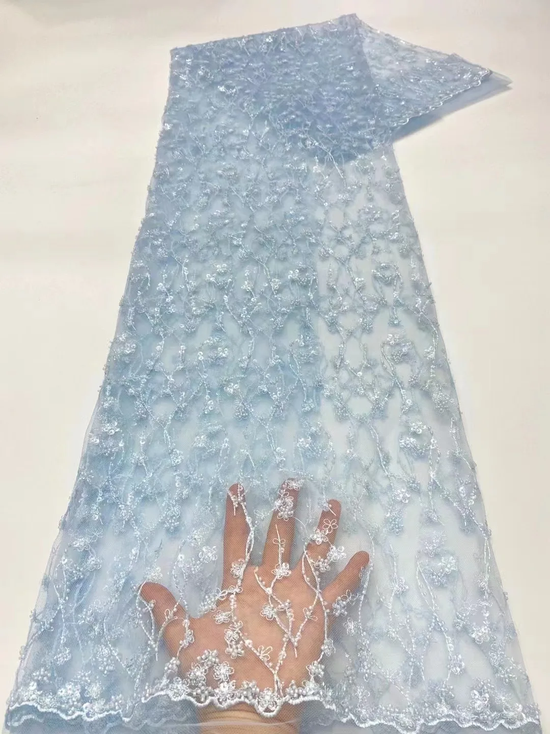 

Blue -2 French Wedding Best Quality Floral Sequin Beads Tulle Mesh Lace For Occasion /Sawing Bridal Dress /Fashion Designer