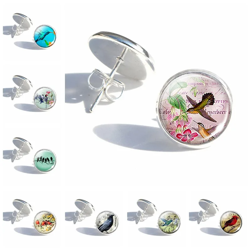 Женские серьги пусеты Hummingbird модные из стекла с покрытием в виде коллажа птицами