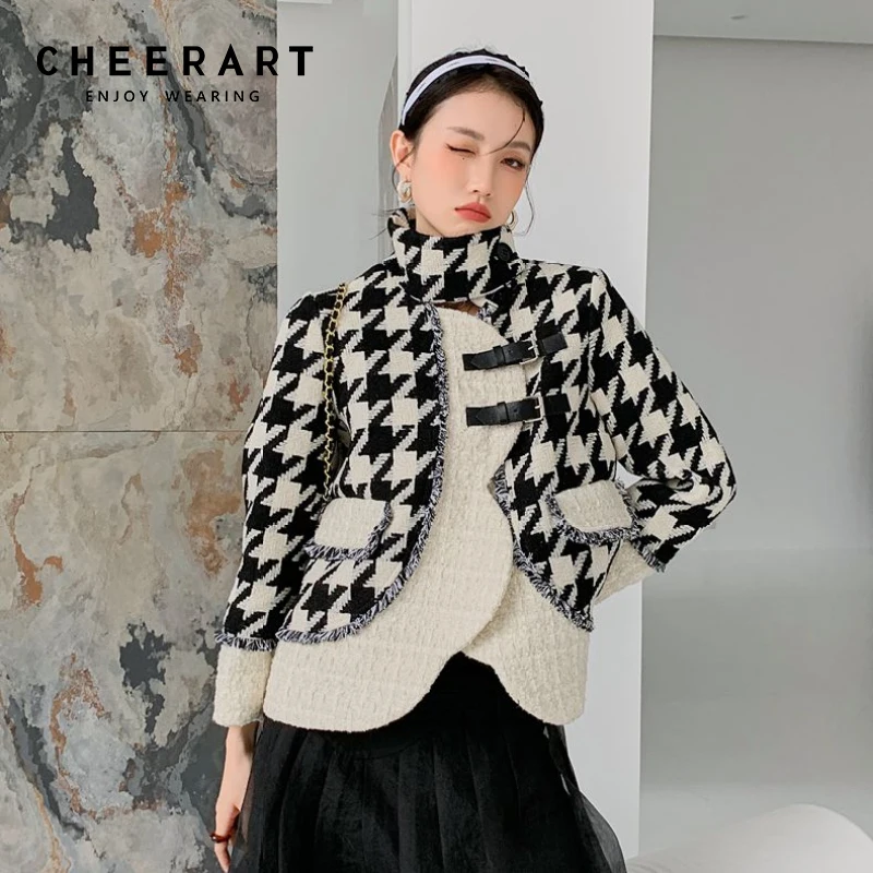 

CHEERART Houndstooth Wool Blends Tweed Jacket Fringe Winter Fashion Ladies Coats And Jackets Women Luxury Designer Clothing