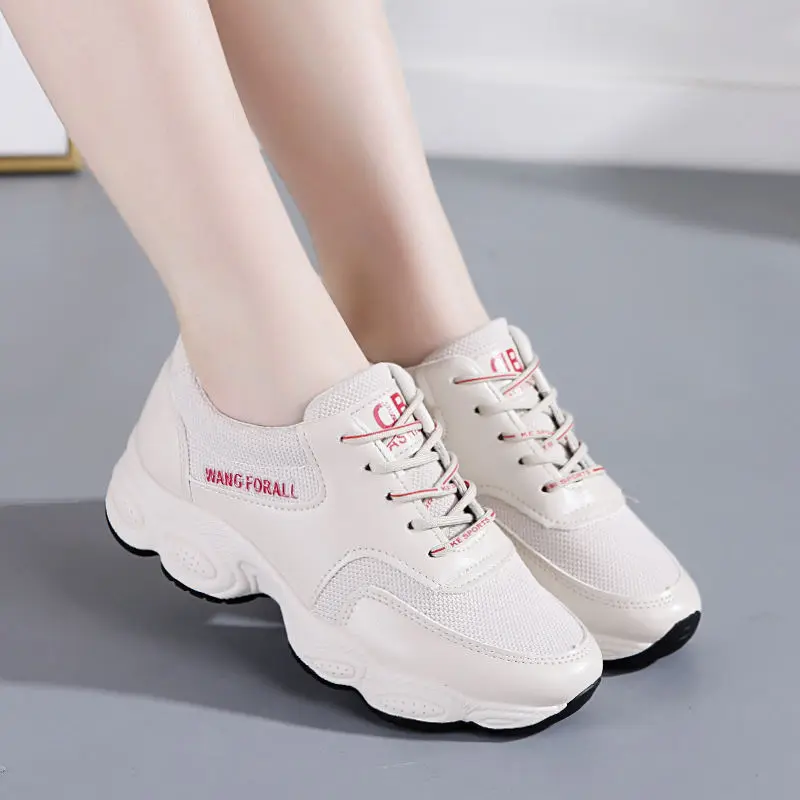 Beige Women's Chunky Sneakers Fashion Women Platform Shoes Lace Up Breathable Air Vulcanize Shoes Women Female Trainers Dad Shoes - Цвет: Beige