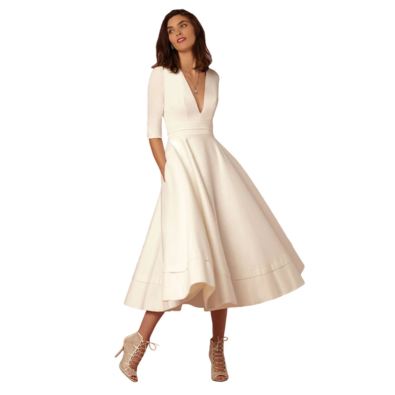 

Elegant V-neck Solid Midi Dress For Women Half Sleeve Slim Winter Party Vestidos De Spring A-line Dresses 2021
