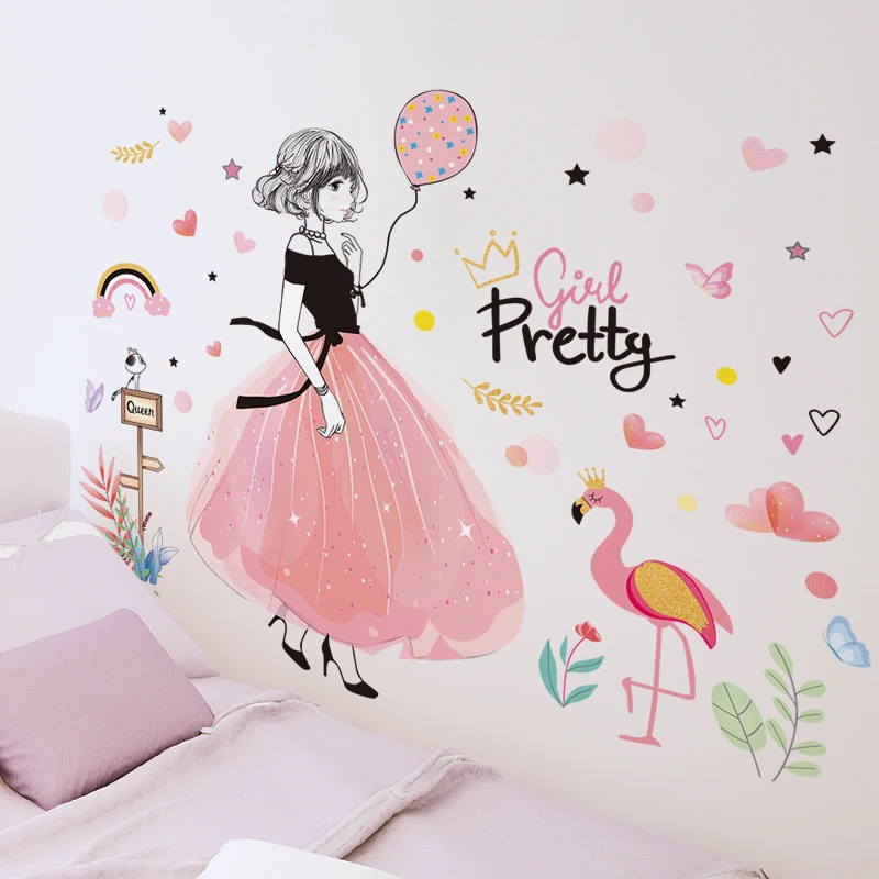 [SHIJUEHEZI] Cartoon Girl Wall Stickers DIY Peach Flowers Bicycle Mural Decals for Kids Rooms Baby Bedroom Nursery Decoration