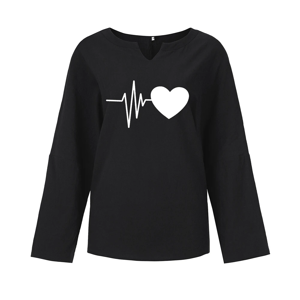 

V Neck Heartbeat T-shirts Loose Tees Slim Fit T-shirt Autumn Spring Casual Simple Top Fashion Women Clothing