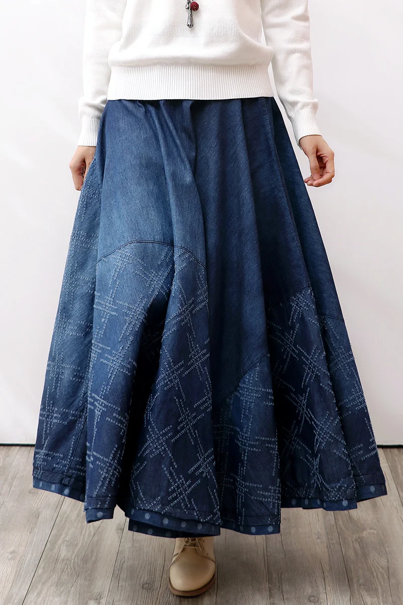 

TIYIHAILEY Free Shipping 2021 New Long Maxi A-line Women Elastic Waist Spring And Summer Denim Vintage Big Hem Jeans Skirt