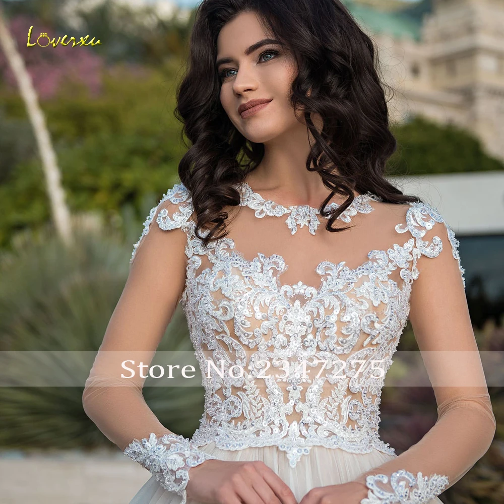 Loverxu Sexy Illusion Long Sleeve Lace Ball Gown Wedding Dresses Luxury Appliques Beaded Court Train Vintage Bridal Gowns