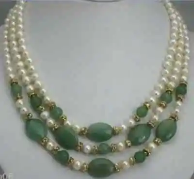 

Natural 3 rows 7-8mm cultured white pearl and jade necklace 17-19inch