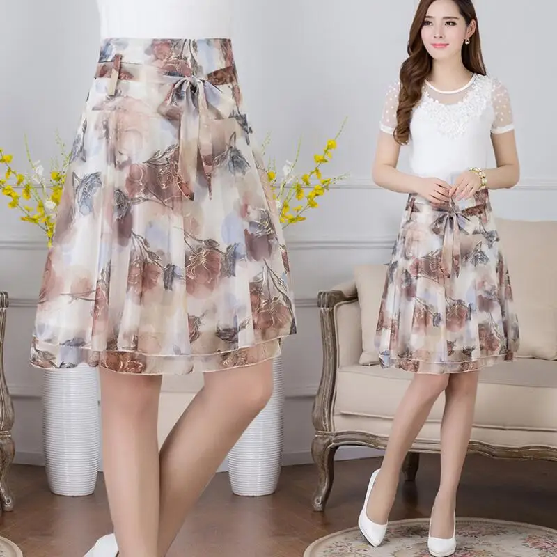 

2021 Summer Women High Waist Midi Skirt Fashion Elegant Irregular Print Chiffon Skirt Plus Size Skirt Skirts Women S641