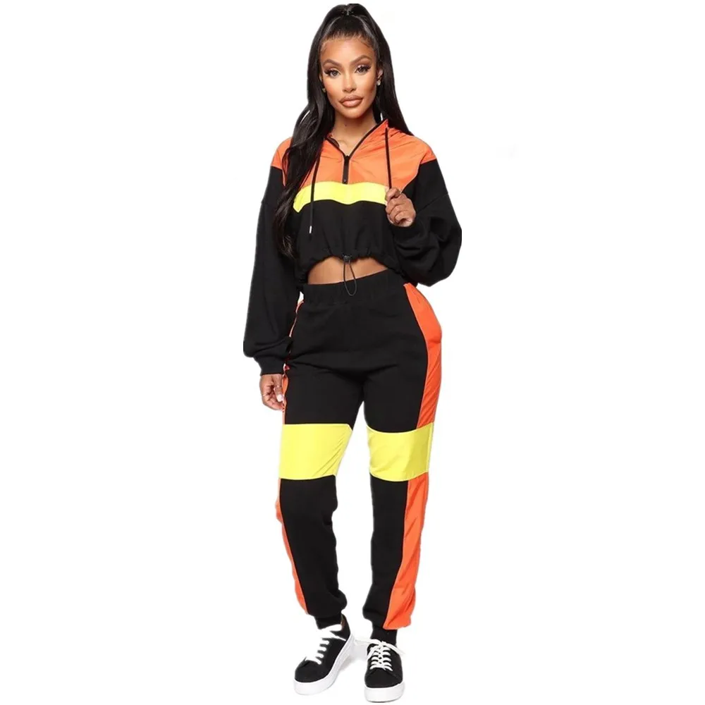 

Hot Sale New Women Zipper Hooded Drawstring Pullover Top+High Waist Pants Two Piece Sets Lady Casual Patchwork Tracksuit Outfit