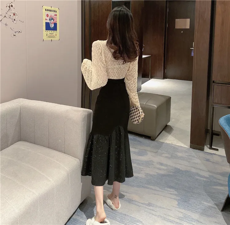 

Deivor 2020 new style, fashionable and sparkling mid length fish tail skirt skirt with buttocks