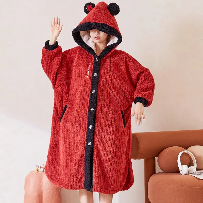 

Flannel Kimono Robe Women Nightgown Long Sleeve Sleepwear Red Homewear Winter New Bahtrobe Gown Warm Casual Hooded Loungewear
