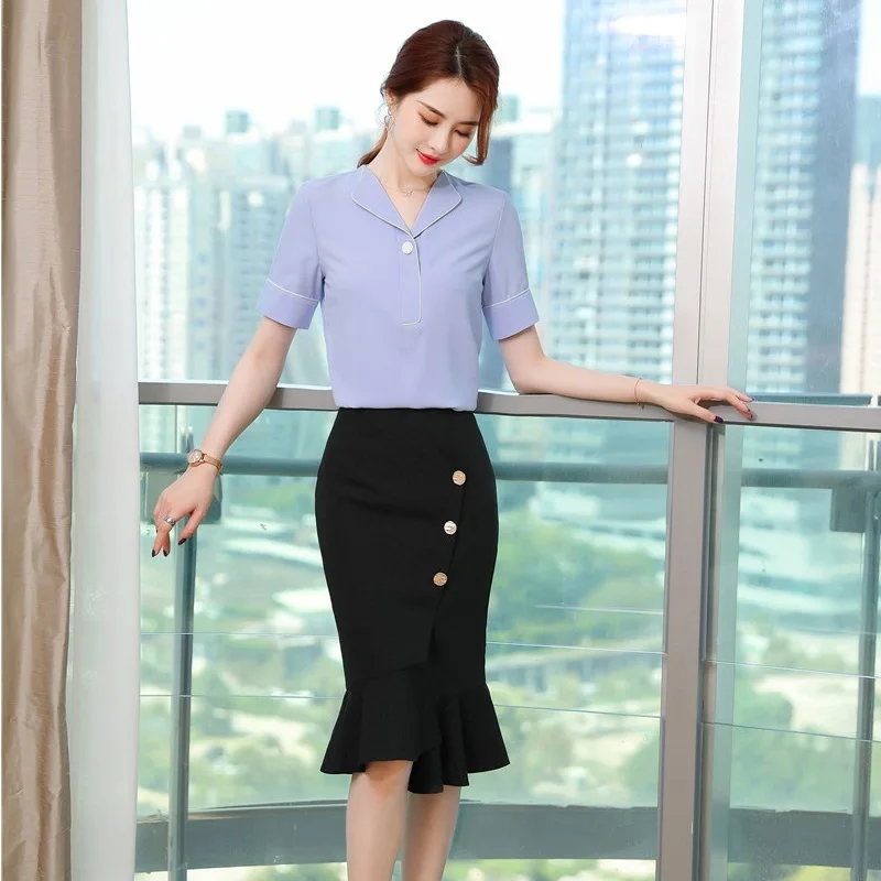 2 Piece Sets Women Business Suits Work Wear With Blouses and Mermaid Skirt For Ladies OL Blouses & Shirts Sets Uniform Styles