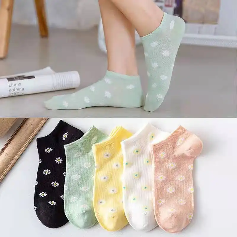 

5 Pairs Daisy Casual Cotton Women Socks Ankle Lot Cartoon Cute Fruit Cat Print Low Cut Fashion Sports Heart Kawaii Slippers Set