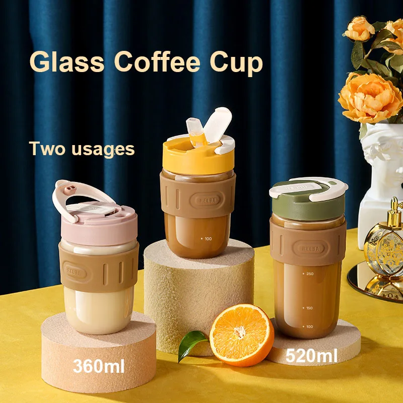 

Water Bottle with Straw 520ml 360ml Glass Coffee Cup with Anti-Scalding Silicone Ring BPA Free Leak Proof Travel Tea Mug