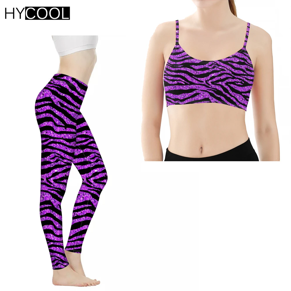 

HYCOOL Sport Set Women Purple Color Zebra Pattern Print Two 2 Piece Crop Top Yoga Sportwear Workout Gym Outfit Fitness Gym Set