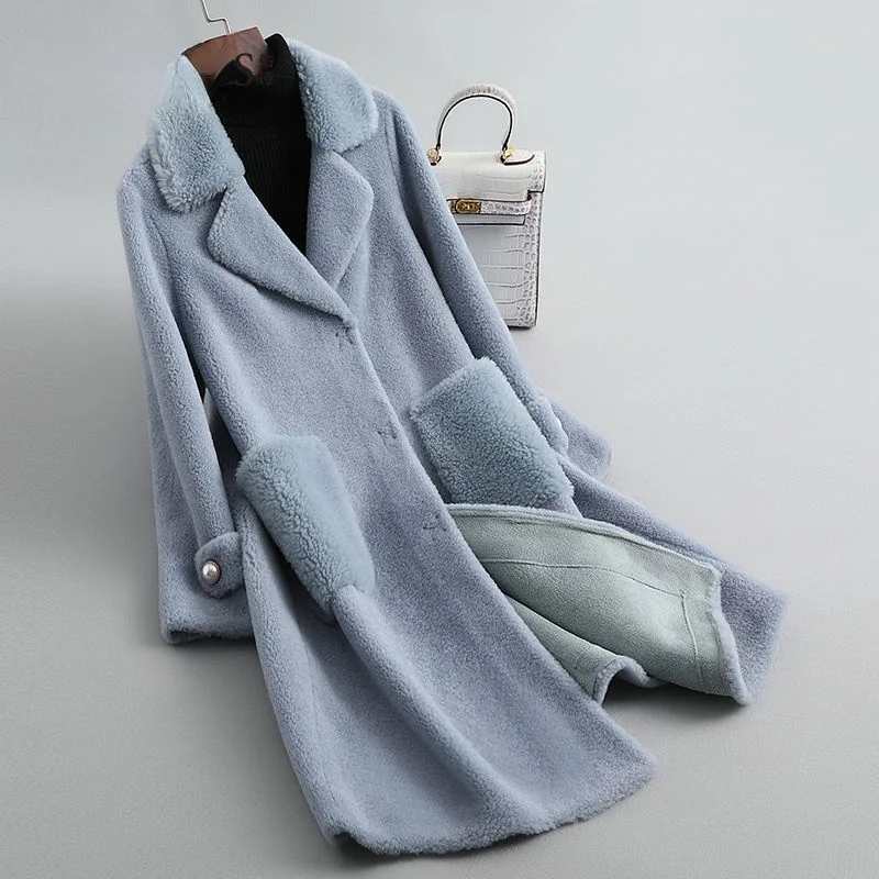 

Зимняя одежда, Женское пальто из натурального меха ягненка, Женская однобортная теплая верхняя одежда из натуральной кожи с отложным ворот...