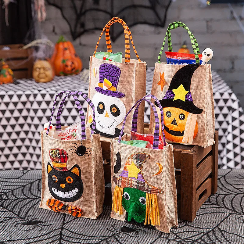 

1pc Halloween Gifts linen Candy Bag Halloween Bags Trick or Treat Bags with Decoration Halloween Sack Decoration Gift bag witch