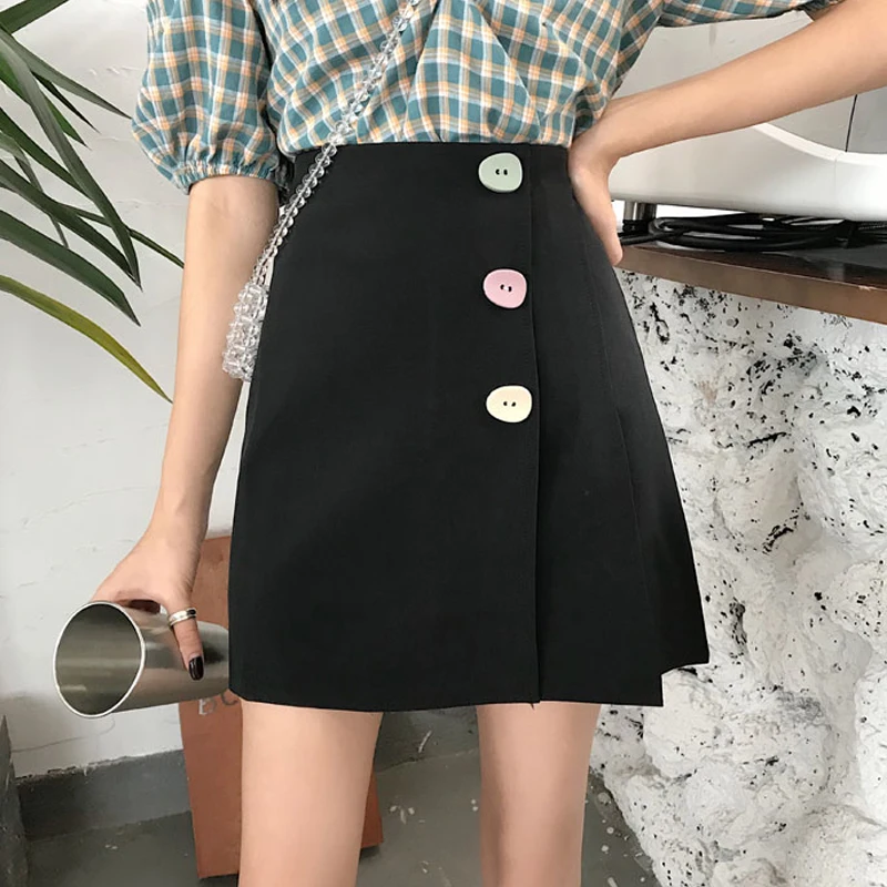 Женская юбка с высокой талией повседневная черная мини-юбка на пуговицах в
