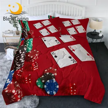 BlessLiving Poker Summer Quilt Set Playing Card Comforter Set Black Spade Bedding Red Heart Bedspread Dice King Size Home Decor 1