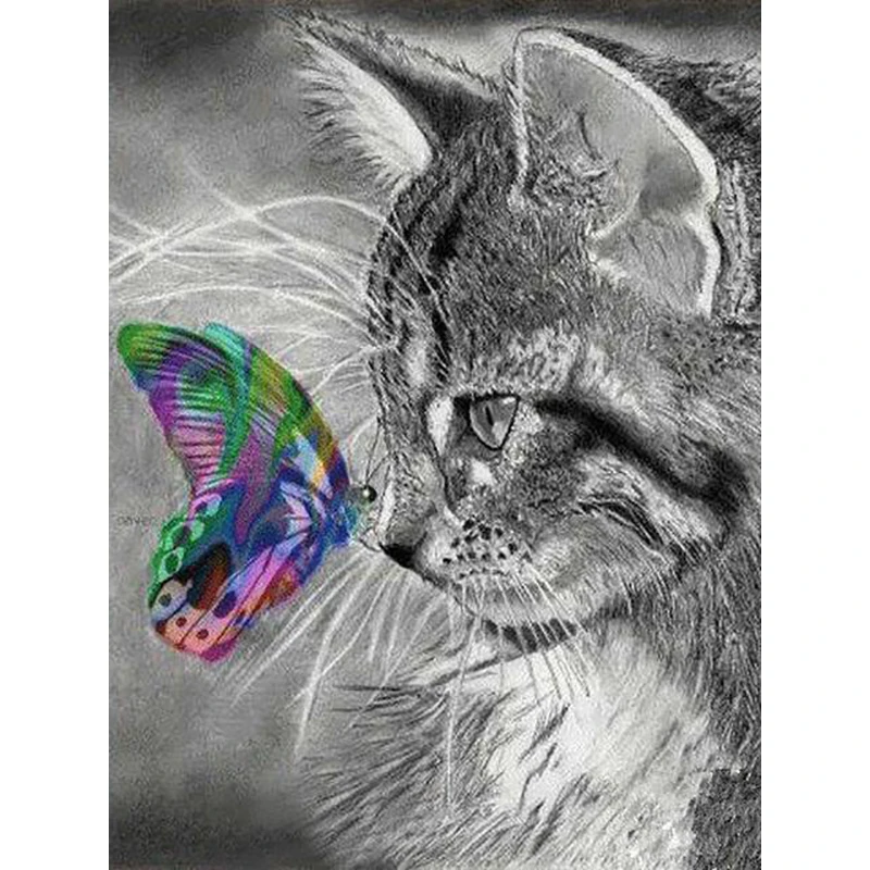 

100% Full 5D Diy Daimond Painting Cross-stitch "Gray Cat&Butterfly" 3D Diamond Mosaic Round Rhinestones Paintings Embroidery