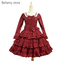 retro sweet lolita dress girls female japanese cosplay costumes red solid colored vintage petal long knee length