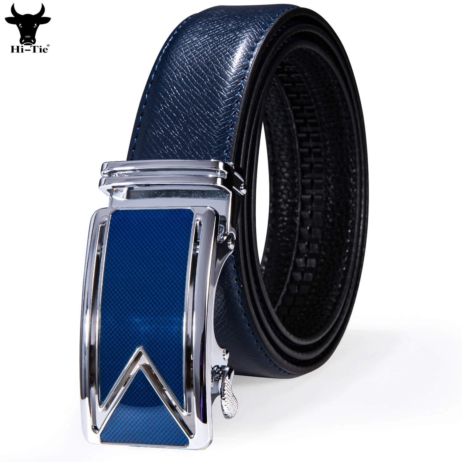 Hi-Tie Designer Automatic Buckles Mens Belts Blue Navy Genuine Leather Ratchet Waist Belt for Men Dress Jeans Wedding Business