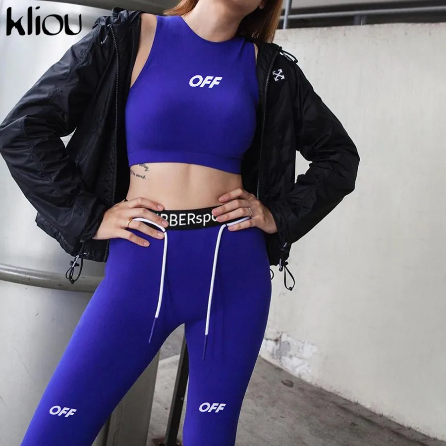 

Kliou women letter print tracksuit women sleeveless tank drawstring leggings elastic sporty fitness skinny streetwear outfits