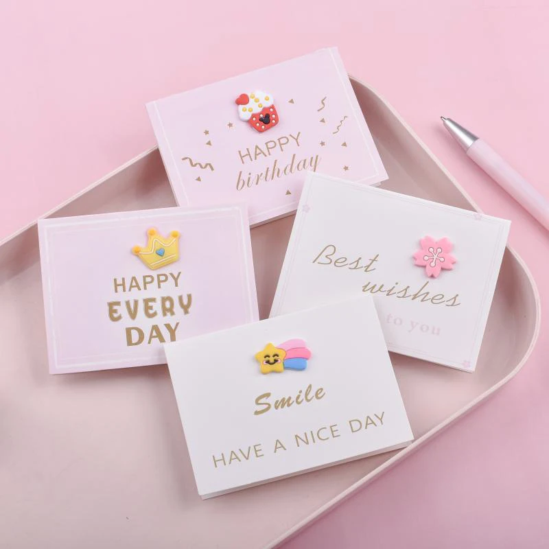 

5PCS Heart Love Happy Birthday Greeting Cards Pink Coated Paper Thank You Cards Baking Cake Flowers Gifts Decor Invitation Cards