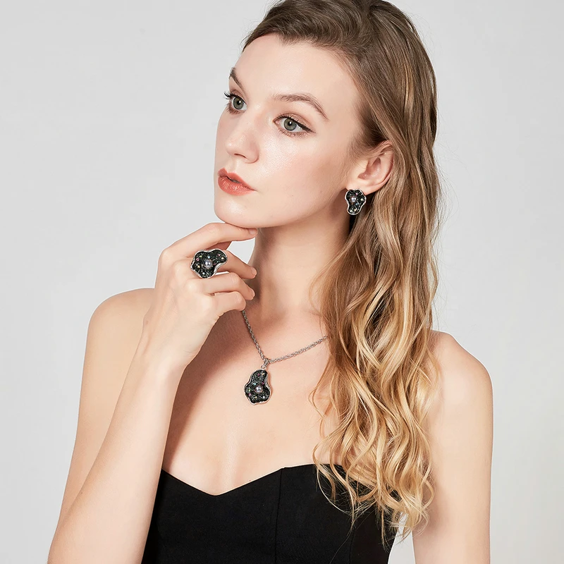 Mytys блестящее кольцо с природными зелеными листьями красочные кристаллы и Черная