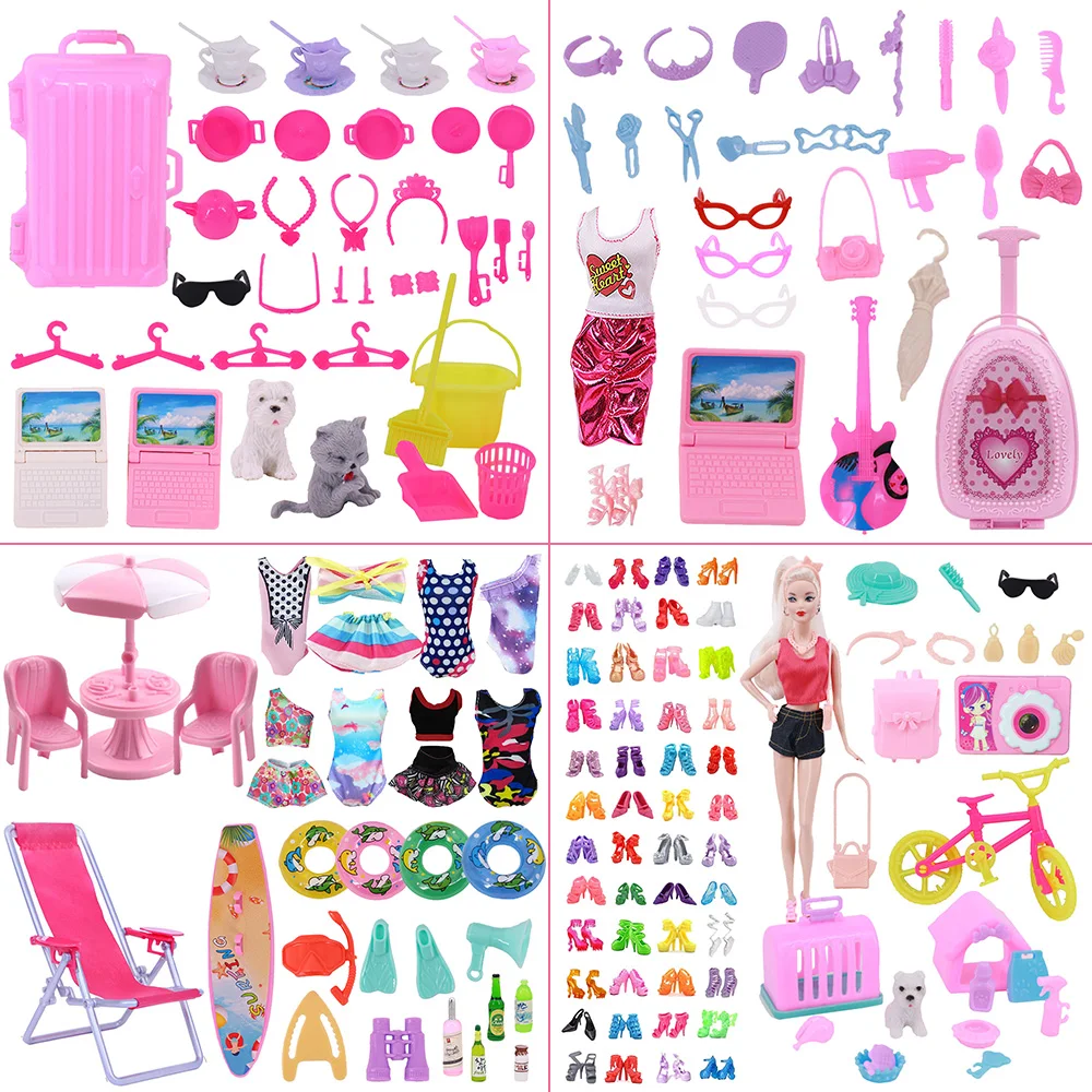 Random 43 pieces/set of girl toy accessories, dresses, shoes, boots, glasses, backpacks, various accessories, suitable for 11.8