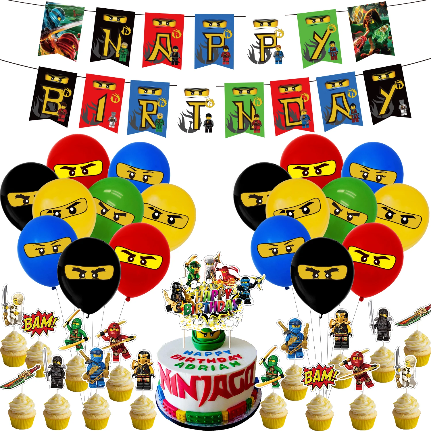 Conjuntos de cumplea&ntilde;os con tem&aacute;tica Ninja, globos con estampado de Avatar Ninja, pancarta Streamer, adornos para Tartas, conjuntos de decoraciones para fiesta de cumplea&ntilde;os para ni&ntilde;os-0