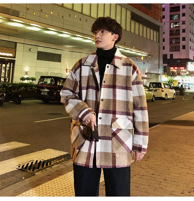 Fashion Mens woolen coat Red Khaki Loose plaid jacket Autumn Spring Winter