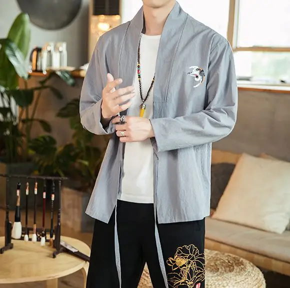 

2019 Men Open Stitch Print Autumn Gray Jackets Mens Loose Vintage Chinese Style Jackets Male Fashion Clothes Oversize