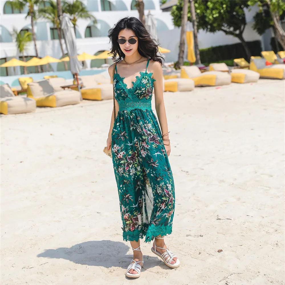 

Женское шифоновое платье-комбинезон, роскошное платье с цветочным принтом и широкими брюками, на тонких бретельках, с открытой спиной