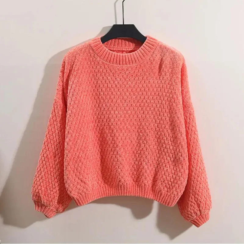 

EBAIHUI Fall/Winter Women's Solid Color Chenille Sweater 2021 Casual Loose Knitted Full Puff Sleeve Sweater Women Pullover
