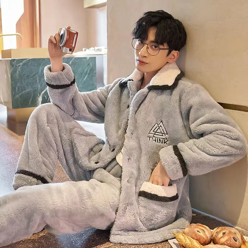 Winter Men's Pajamas Set Coral VelveThicken Warm Flannel 2 Pieces/Sets Pyjamas Long Sleeve Homewear Home Clothing