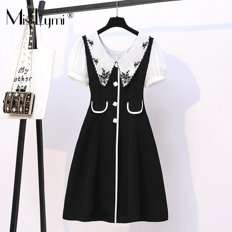 

L-5XL Plus Size Embroidery Dress Women Summer 2021 Fashion Peter Pan Collar Short Sleeve Single-breasted Patchwork A-Line Dress