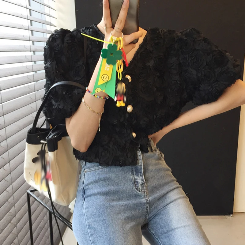 

Puff Sleeve Lace Flower Shirt Women Korean Style Fashion Loose Shirt Woman Casual Slimming Single-Breasted Short Tops Ladies