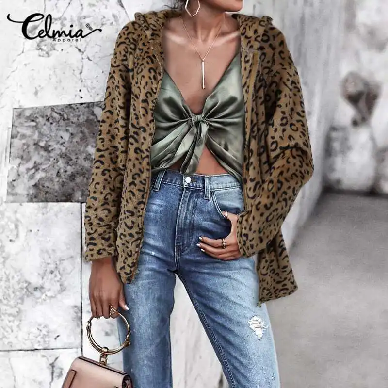 

Celmia Oversized Winter Warm Coats Women Leopard Print Jackets Hoodies Casual Loose Long Sleeve Zip Hooded Teddy Coats Outerwear