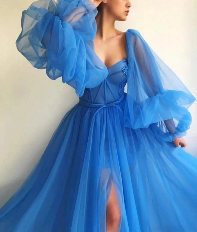 

A-Line Sweetheart Royal Blue Prom Party Dresses 2021 New Arrival Long Puffy Sleeves Sexy Split Celebrity dresses for Women