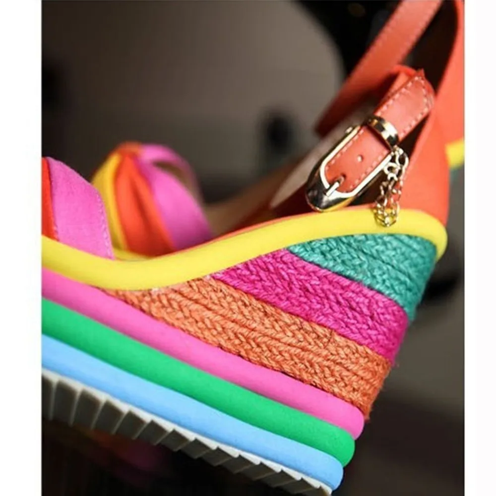 

2021 Summer New Super High Heel Wedge Sandals Straw Fish Mouth Roman Rainbow Stitching 33-43 Open Toe Party Women's Shoes