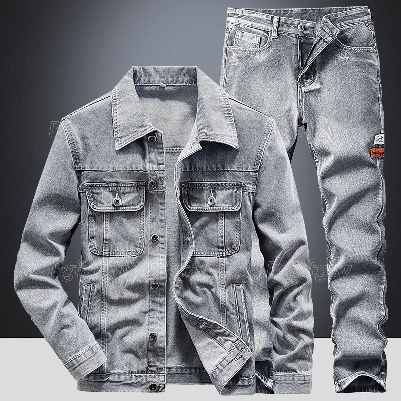 

2021 Light Gray Casual Men's 9 Style Sets Spring Simple Design 2 Piece Set Long Sleeve Denim Jacket + Jeans Ripped Male Clothing
