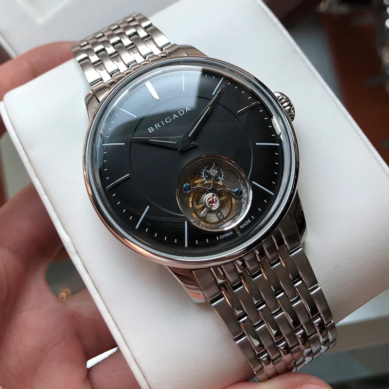 Лидирующий бренд Роскошные мужские часы Tourbillon Мужские сапфировые 3D изогнутое